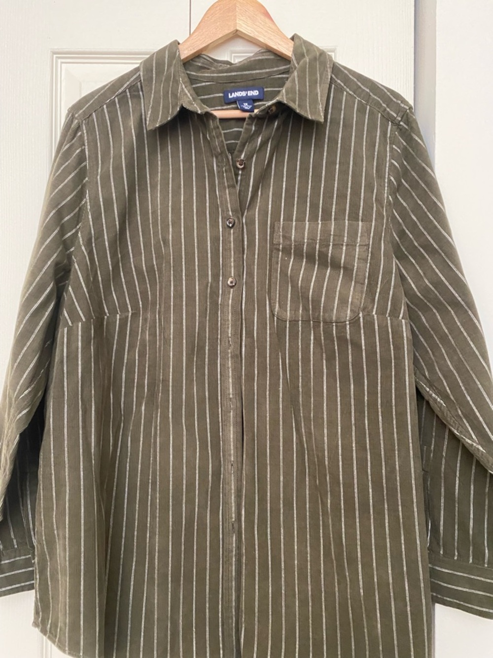 Lands' End Olive Green Striped Women’s Corderoy Button-Down Shirt